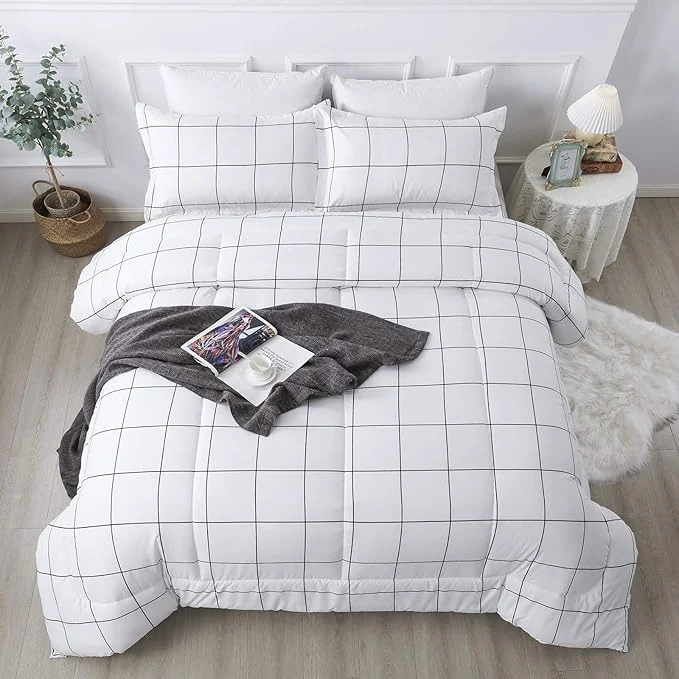 Next-Generation Andency White Grid Comforter Set Queen 90x90Inch 3 Pieces 1 Plaid Comforter and 2 Pillowcases White Plaid Comforter Set Lightweight Polyester Gingham Geometric Comforter Bedding Set First-Class