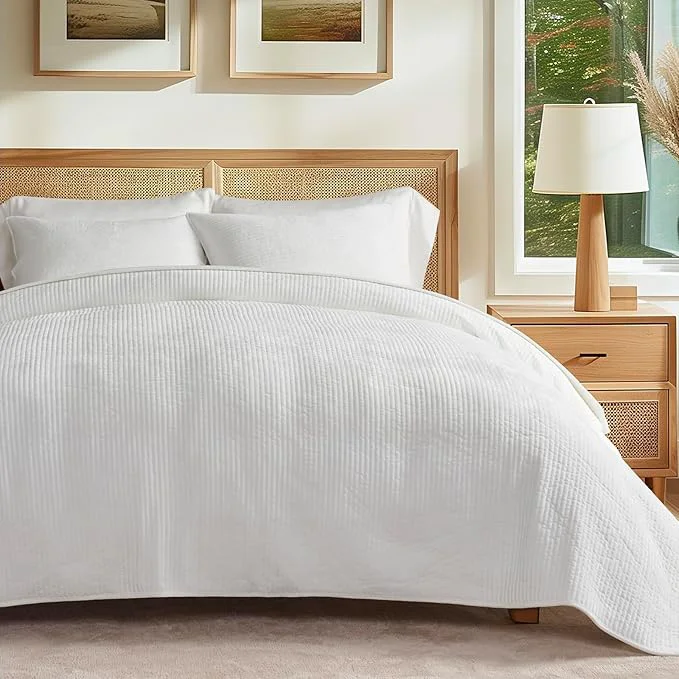 Dependable EVERGRACE Velvet Quilt Set Queen Size Luxurious Soft Quilted Bedding Sets Lightweight Velvet Comforter for All Season Striped Channel Bedspread Coverlet with 2 Shams Bright White Excellent