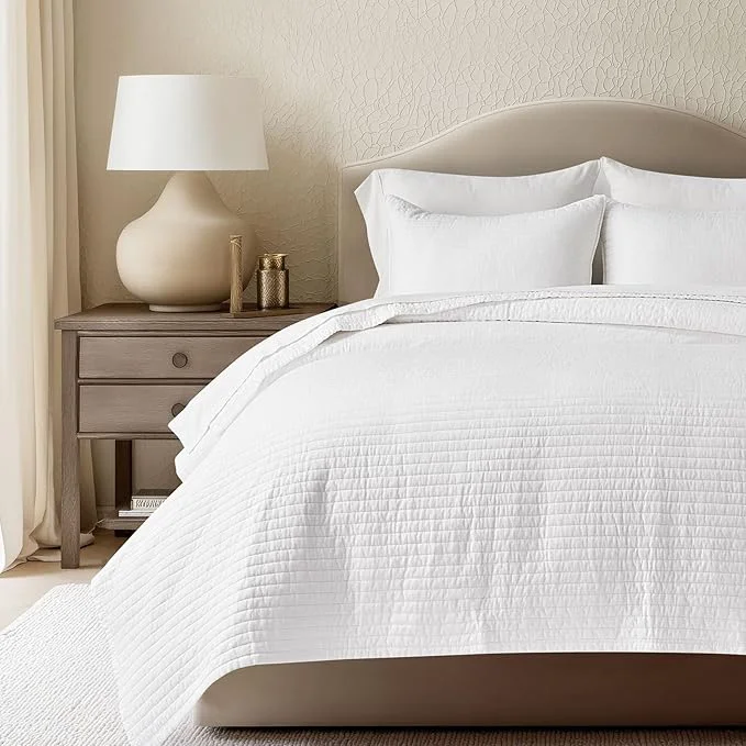 Genuine EVERGRACEHOME Cotton Sateen Quilt Set King Size Pre-Washed Cotton Channel Stitch Coverlet Bedspread 3 Pieces Lightweight Soft Bedding Sets for All Season with 2 Pillow Shams Bright White Innovative