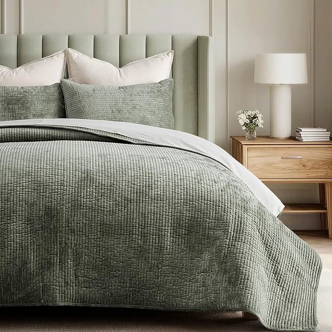 Healthy EVERGRACE Velvet Quilt Set King Size Luxurious Soft Quilted Bedding Sets Lightweight Velvet Comforter for All Season Striped Channel Bedspread Coverlet with 2 Shams Dried Thyme Green Original