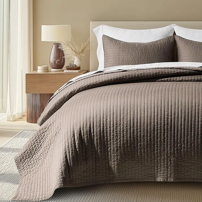 Superior EVERGRACEHOME Cotton Sateen Quilt Set King Size Pre-Washed Cotton Channel Stitch Coverlet Bedspread 3 Pieces Lightweight Soft Bedding Sets for All Season with 2 Pillow Shams Mocha Brown Original