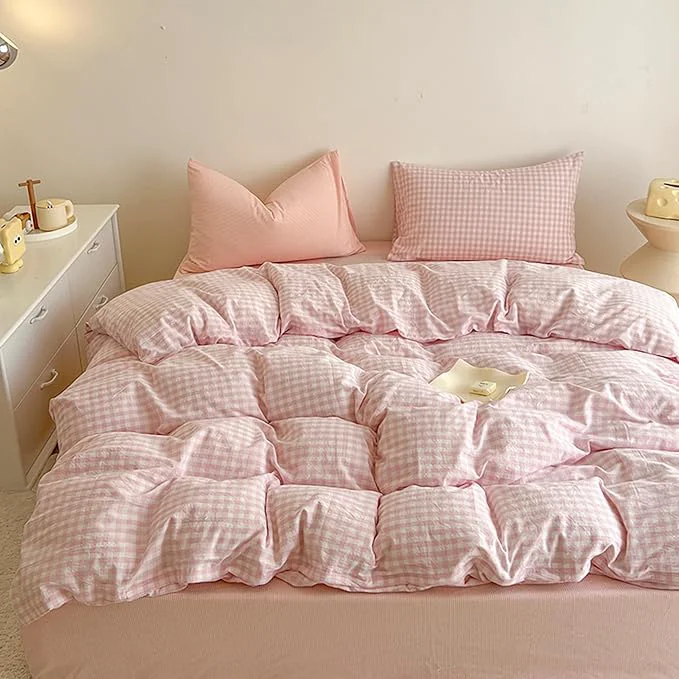 Modern BOLINLIVING Gingham King Comforter Set 3 Pieces Soft Breathable Bed in a Bag King Size Pink White Checkered Plaid Bedding Set for All Season 1 Comforter amp 2 Pillowcases Flexible