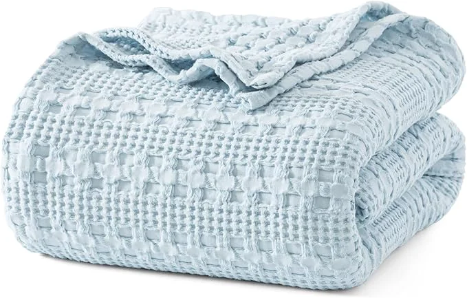 Durable PHF Cotton Waffle Weave Blanket Queen Size for Bed Soft Lightweight amp Breathable for Spring and Summer All-Season Comfort Luxury Aesthetic Blanket for Home Decor 90 quot x90 quot Sky Blue Prestigious