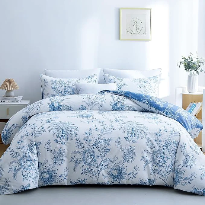 Stylish BOLINLIVING Floral King Size Comforter Set Soft Breathable Bed in a Bag King Size 3 Pieces Blue and White Floral Bedding Set for All Season 1 Comforter amp 2 Pillowcases Functional