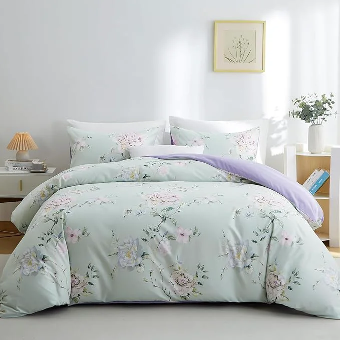 Prestigious BOLINLIVING Floral Queen Comforter Set 3 Pieces Soft Breathable Bed in a Bag Queen Size Green and Purple Floral Bedding Set for All Season 1 Comforter amp 2 Pillowcases Organic