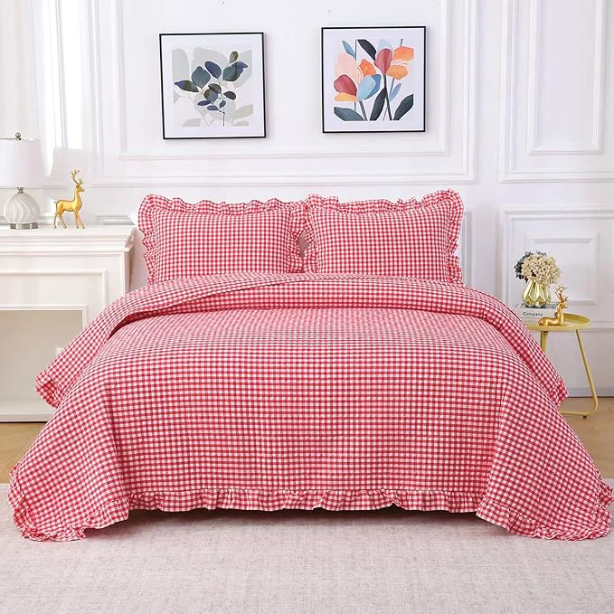 Clean Red White Ruffle Gingham Quilt Set Queen Size with 2 Pillow Shams Washed Cotton Yarn-Dyed Quited Bedspread Farmhouse Bedding Set Red Queen Modern