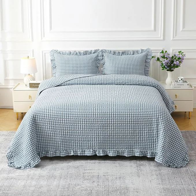 Comfortable Dust Blue White Ruffle Gingham Quilt Set Queen Size with 2 Pillow Shams Washed Cotton Yarn-Dyed Quited Bedspread Farmhouse Bedding Set Dust Blue Queen Ruffle quilt Gingham quilt washed cotton Fast