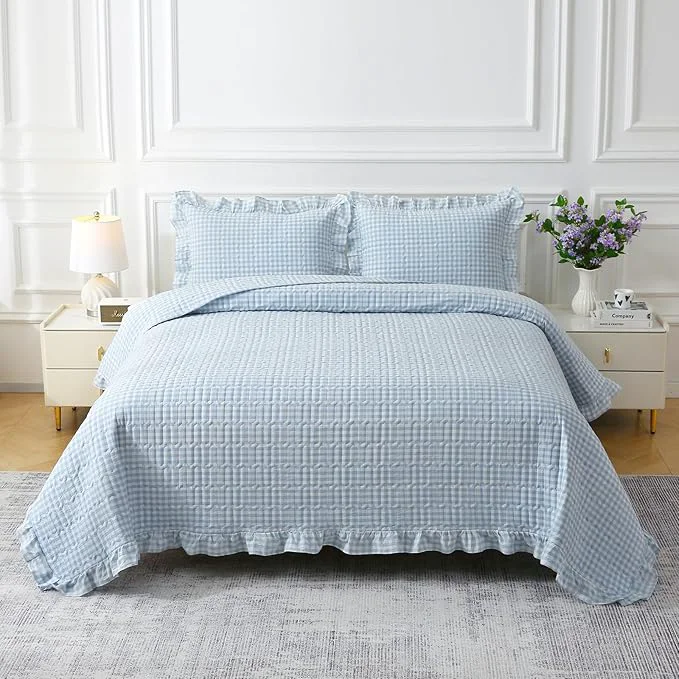 Advanced Light Blue White Ruffle Gingham Quilt Set Queen Size with 2 Pillow Shams Washed Cotton Yarn-Dyed Quited Bedspread Farmhouse Bedding Set Light Blue Queen Ruffle quilt Gingham quilt washed cotton Eco-Friendly