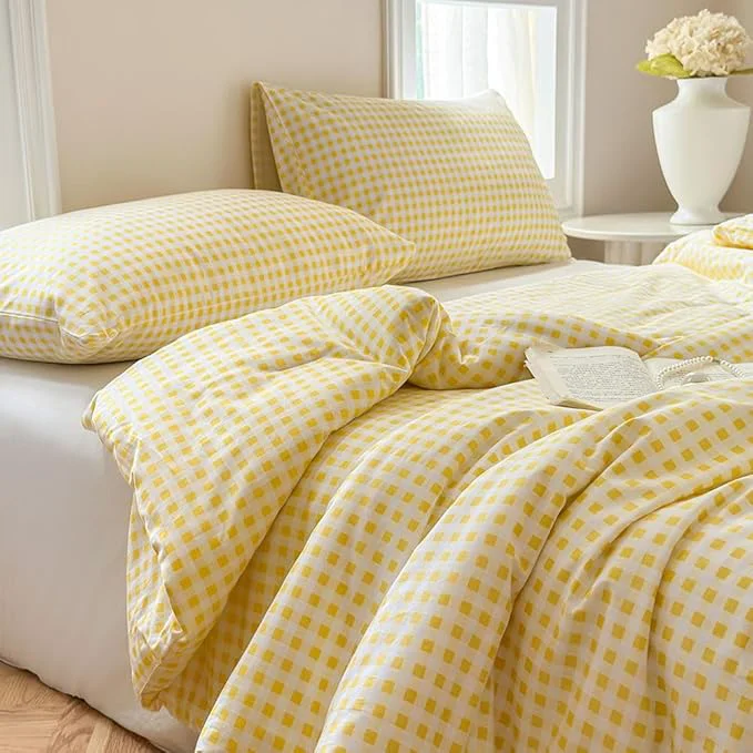 Minimalist NSNLGSGC Yellow Gingham Cotton Comforter Set Twin Washed Cotton Plaid Checked Comforter Bedding 2 Pieces Vintage Farmhouse Grid Bedding Set Yellow Gingham Twin Traditional