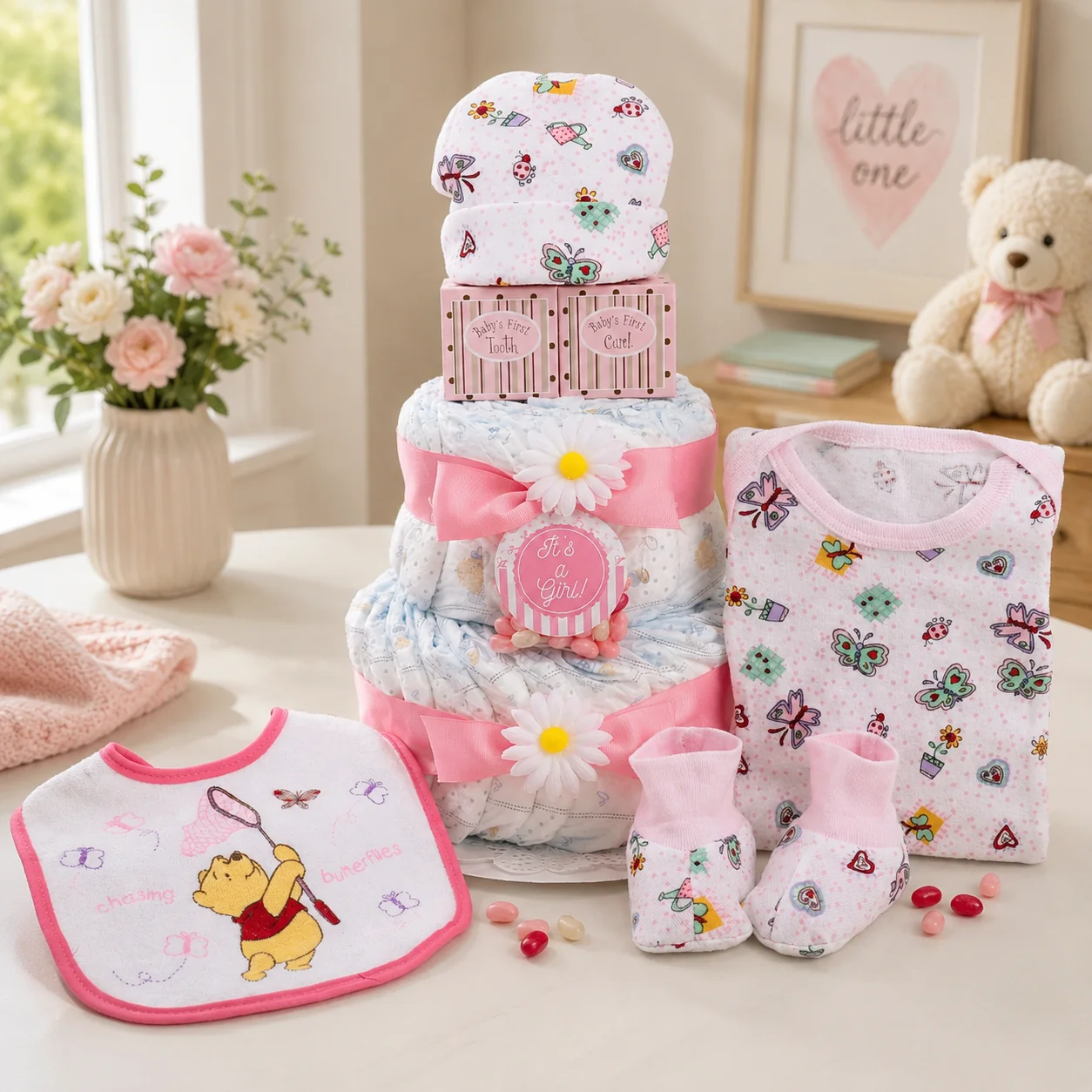 Long-Lasting Sweet Baby Girl Diaper Cake Gift Basket Clean