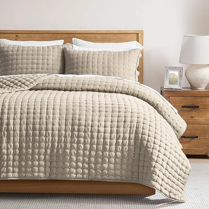 Casual WDCOZY Beige Queen Size Quilt Bedding Sets with Pillow Shams Cream Tan Lightweight Soft Bedspread Coverlet Quilted Blanket Thin Comforter Bed Cover for All Season 3 Pieces 90×90 inches Optimized