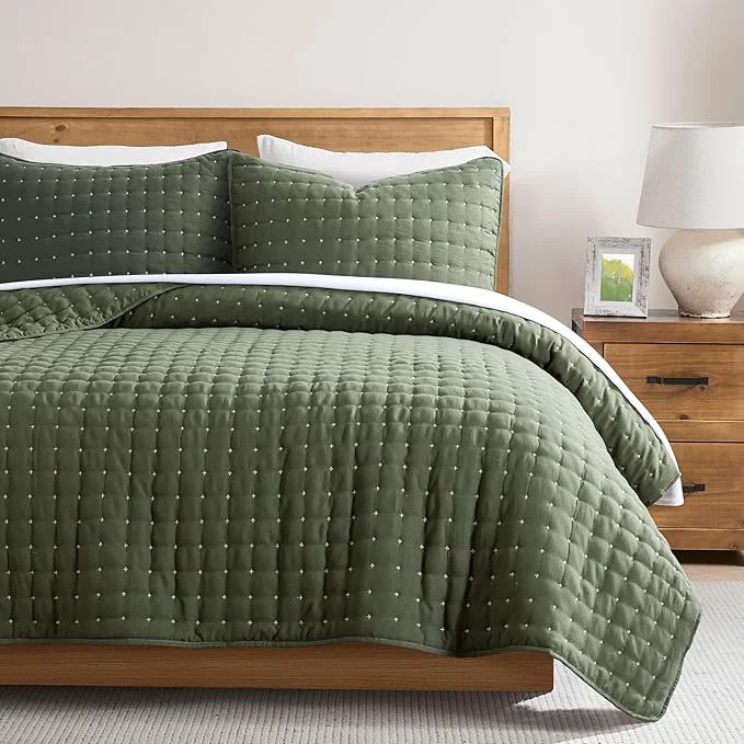 Reusable WDCOZY California Oversized Cal King Size Quilt Bedding Sets with 2 Pillow Shams Lightweight Soft Bedspread Coverlet Bed Cover for All Season 3 Pieces 116×106 inches Moss Green Proven