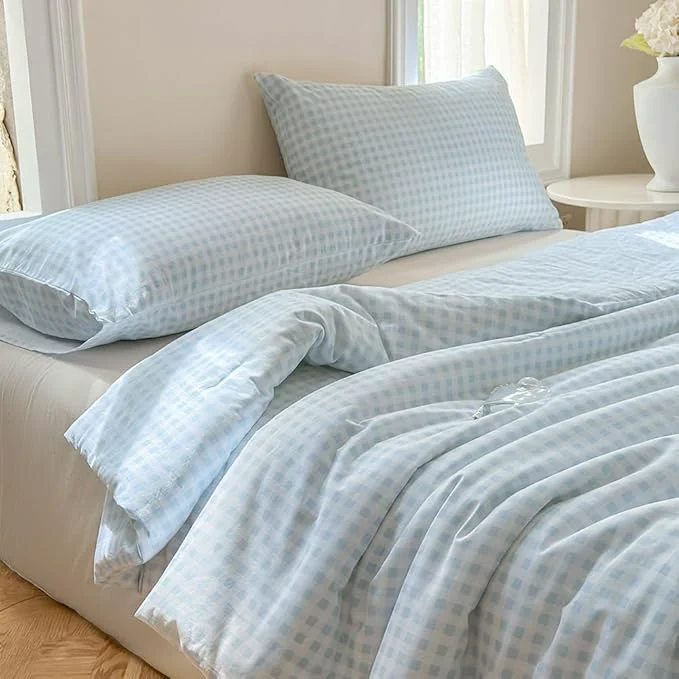 Safe NSNLGSGC Light Blue Gingham Cotton Comforter Set King Washed Cotton Blue Plaid Checked Comforter Bedding 3 Pieces Vintage Farmhouse Grid Bedding Set Light Blue Gingham King Premium
