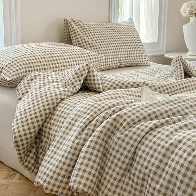 Stylish NSNLGSGC Tan Gingham Cotton Comforter Set Twin Washed Cotton Taupe Plaid Checked Comforter Bedding 2 Pieces Vintage Farmhouse Grid Bedding Set Tan Gingham Twin Relaxed