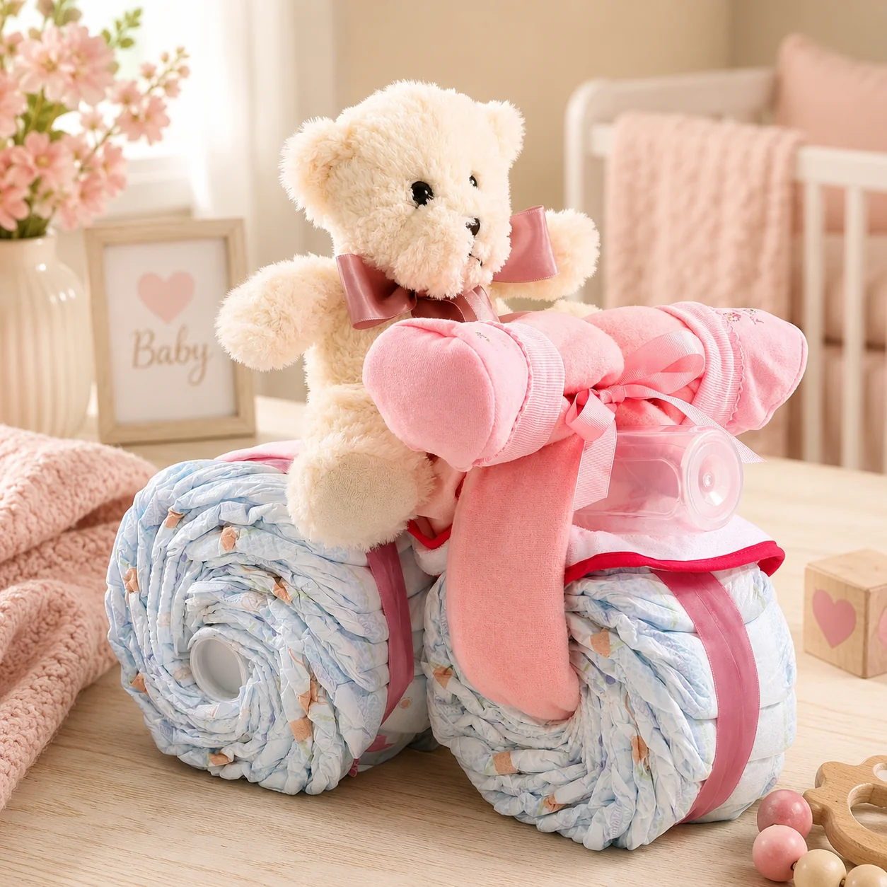 Outstanding Pink Tricycle Diaper Cake Gift Basket Certified