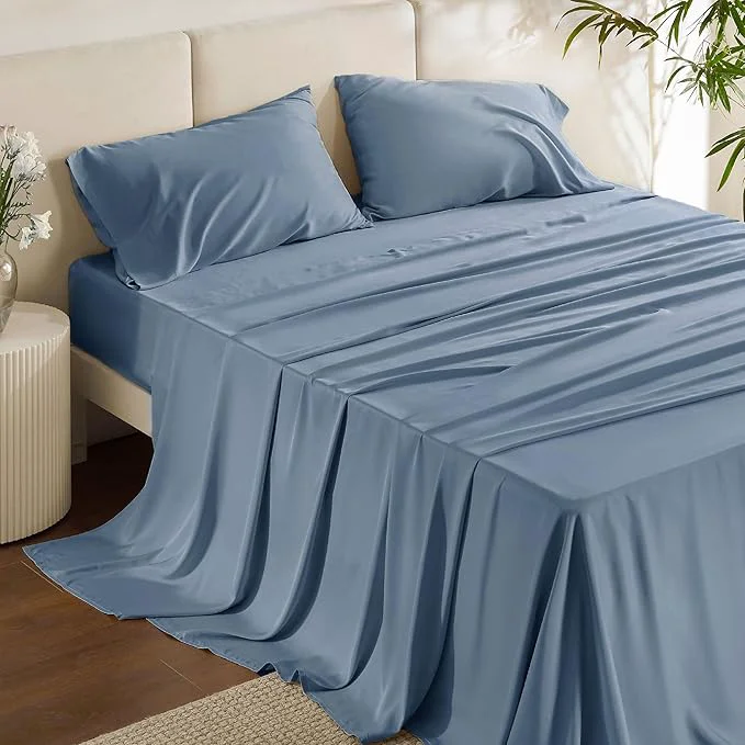 Quality Bedsure California King Sheet Sets Cooling Sheets Rayon Derived from Bamboo PureWoven Breathable amp Soft Deep Pocket Up to 16 Inches Hotel Luxury Silky Bedding for Hot Sleepers Dusty Blue Safe