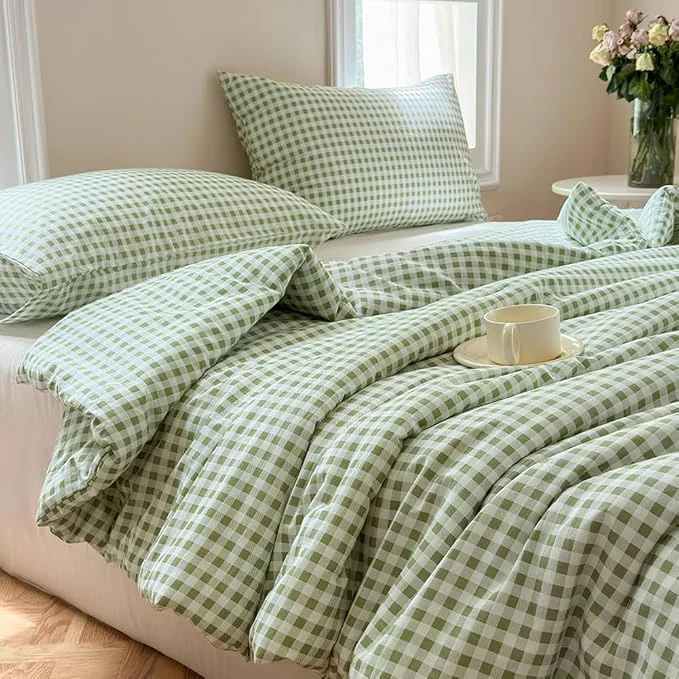 Reliable NSNLGSGC Sage Green Gingham Cotton Comforter Set King Washed Cotton Green Plaid Checked Comforter Bedding 3 Pieces Vintage Farmhouse Grid Bedding Set Sage Green Gingham King Verified