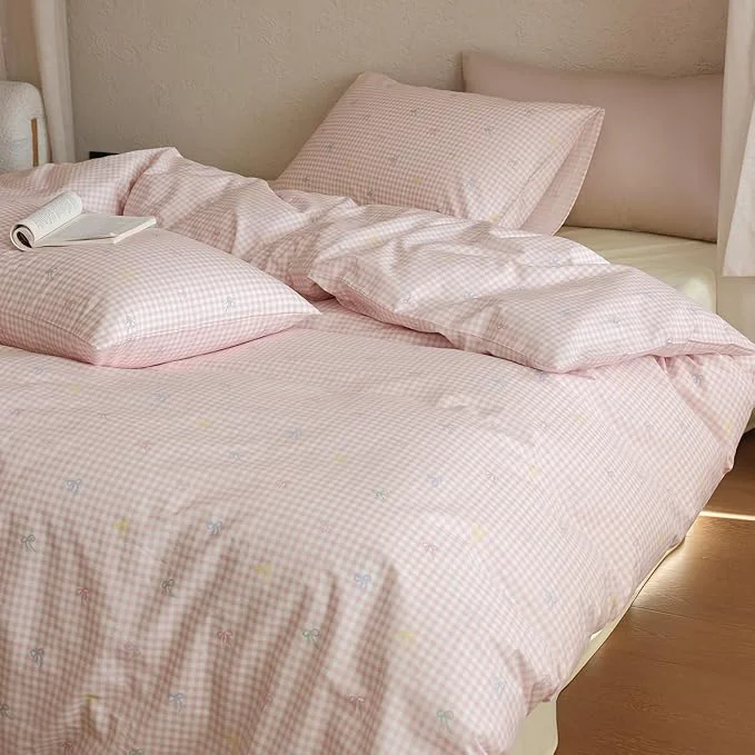 Quality Pink Gingham Comforter Set Full Bow Plaid Bedding Set Light Weight Down Fluffy Cotton Bedding Comforter Sets for Girls Boho Country Cute Bed Comforter with 2 Pillowcases Original Design
