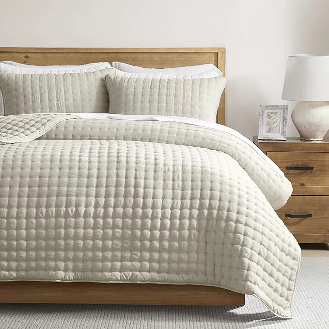 Carefully Designed WDCOZY Beige King Size Quilt Bedding Sets with 2 Pillow Shams Neutral Lightweight Soft Bedspread Coverlet Quilted Blanket Thin Comforter Bed Cover for All Season 3 Pieces 104×90 inches Detailed
