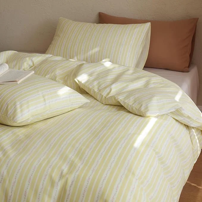 Versatile Floral Comforter Full Yellow Striped Bedding Set Fluffy Cotton Down Girls Bedding Comforter Sets Cozy Boho Stripe Light Weight Bed Comforter with 2 Pillowcases Superior