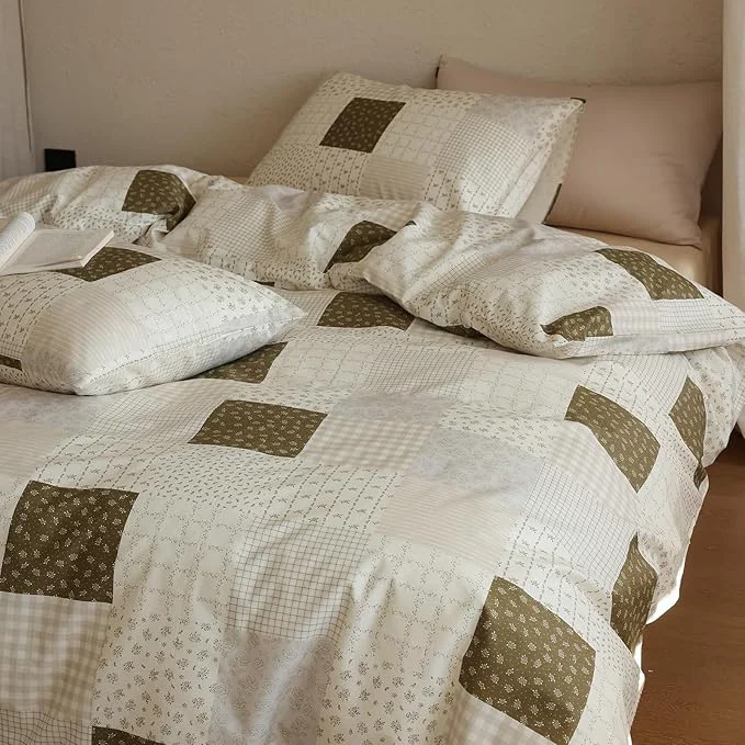 Innovative Patchwork King Size Comforter Sets Brown Gingham Floral Bedding Set Cotton Down Plaid Teen Girl Bedding Comforter Sets Boho Fluffy Cute Light Weight Bed Comforter with 2 Pillowcases Healthy
