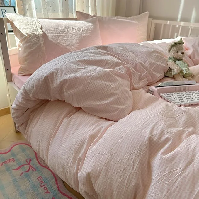 Crafted Pink Gingham King Size Comforter Set Fluffy Lightweight Bedding Set Farmhouse Boho Cozy Lace-Trimmed Bedding Comforter Down Microfiber Textured Plaid Comforter with 2 Pillowcases Outstanding