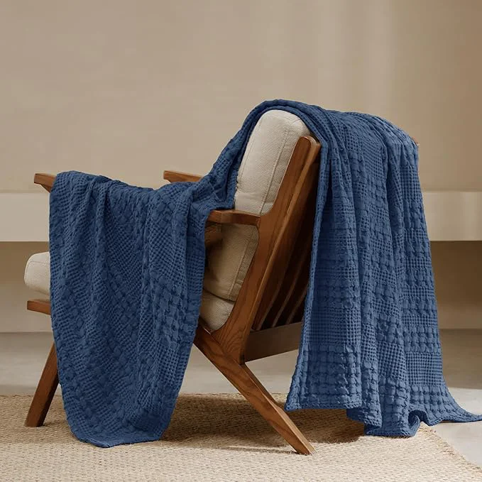 Expertly Made PHF Cotton Waffle Weave Throw Blanket Soft Lightweight Breathable Cozy Throws for Couch Bed Sofa Luxury Aesthetic Blanket Gift for Home Decor amp Office 50 quot x60 quot Bright Navy Genuine