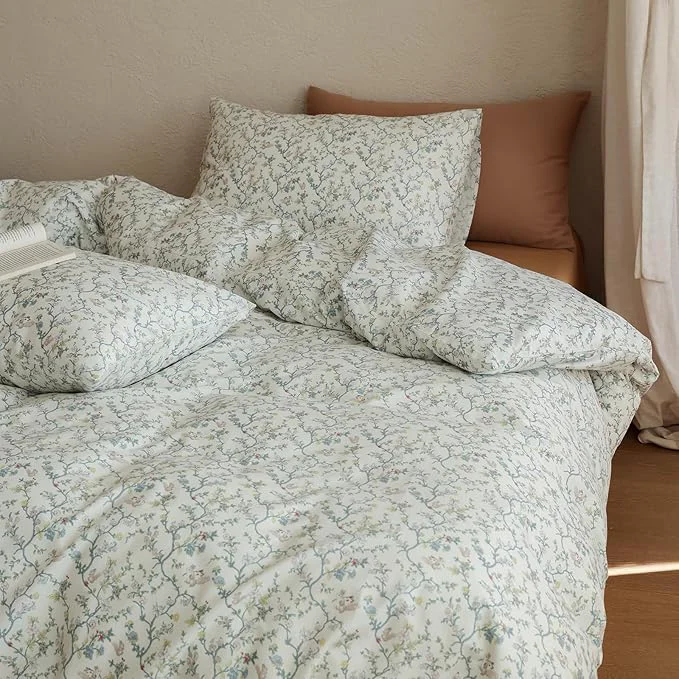 Organic Floral Comforter Sets Queen Size Bed Down Boho Bedding Set 100 Cotton All Season Puffy Girl Bedding Comforter Sets Coquette Lightweight Fluffy Cozy Bed Comforter with 2 Pillowcases Green