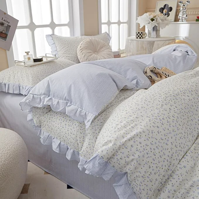 Crafted Blue Floral Comforter King Size Ruffle Lightweight Bedding Set Boho Fluffy Cute Down Bedding Comforter Set Cozy Farmhouse Microfiber Blue Striped Comforter with 2 Pillowcases Solid