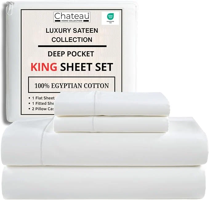 Casual Egyptian Cotton Sheets King Size Sheets Set with Fully Elasticated 15 quot Deep Fitted Sheet amp Pillowcase Sets Sateen Weave Hotel Collection King Sheet Set Soft Luxury White Bedding Professional