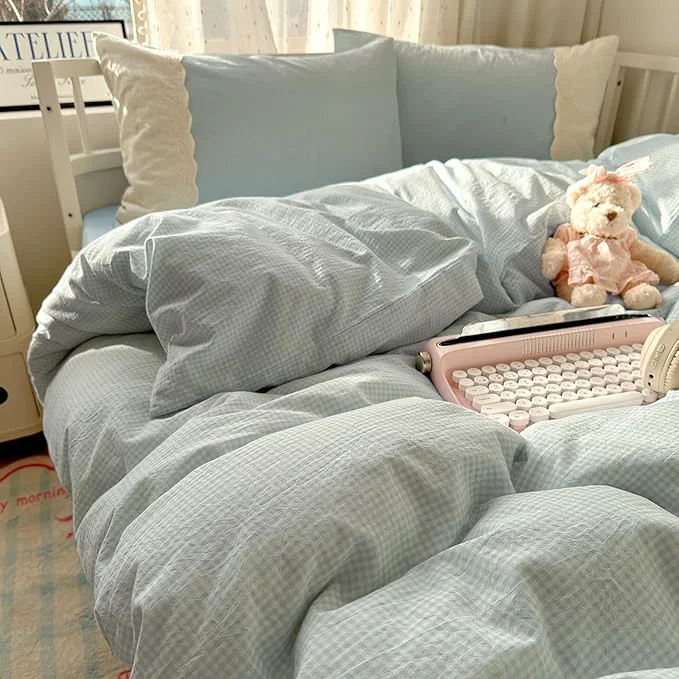 High-Quality Blue Gingham Queen Comforter Down Boho Bedding Set Soft Lace-Trimmed Fluffy All Season Bedding Comforter Sets Lightweight Microfiber Cute Plaid Comforter with 2 Pillowcases Excellent