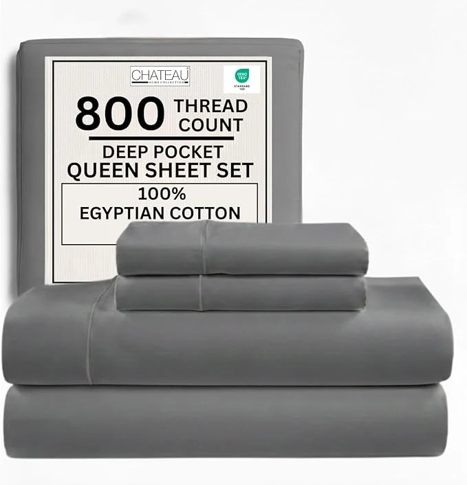 Proven Egyptian Cotton Sheets Queen Size 800 Thread Count Cotton Queen Sheet Set — Deep Pocket Fitted 15 quot Sateen Weave No Pill Soft Cooling Charcoal 4 Piece Sateen Bed Set OEKO-TEX Safe