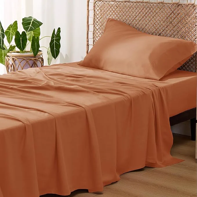 Detailed Bedsure Cooling Sheets Twin XL Rayon Derived from Bamboo PureWoven Breathable amp Soft Twin XL Sheet Sets Deep Pocket Up to 16 Inches Hotel Luxury Silky Dorm Bedding for Hot Sleepers Burnt Orange High-Quality