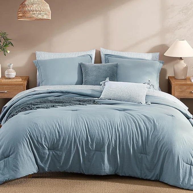 Selected Monbix Full Size Comforter Set – 7 Pieces Dusty Blue Prewashed Bed in a Bag Full Bedding Sets with Comforters All Seasons Ultra Soft Comforter Bed Set with Sheets Pillowcases amp Shams Traditional