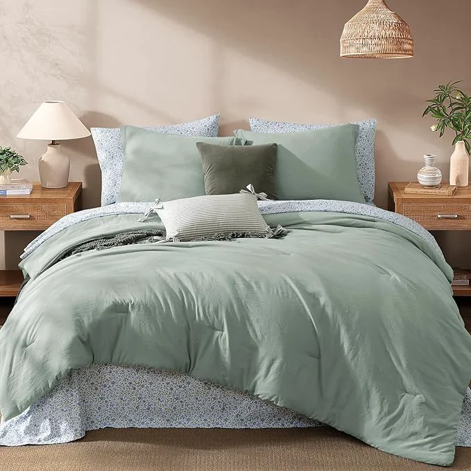 Safe Monbix Full Size Comforter Set – 7 Pieces Sage Green Prewashed Bed in a Bag Full Bedding Sets with Comforters All Seasons Ultra Soft Comforter Bed Set with Sheets Pillowcases amp Shams Exclusive