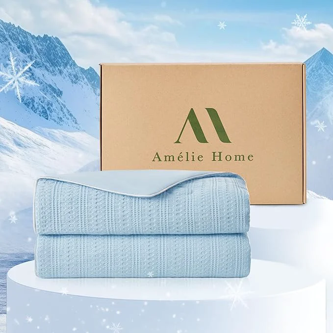 Healthy Amélie Home Waffle Cooling Comforter Queen Size Q-Max 0.45 Reversible Lightweight Cooling Blanket for Hot Sleepers Breathable Bedding for Night Sweats 90 quot x90 quot Sky Blue Powerful