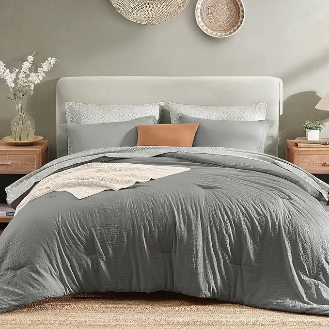 Breathable Monbix Full Size Comforter Set – 7 Pieces Granite Grey Prewashed Bed in a Bag Full Bedding Sets with Comforters All Seasons Ultra Soft Comforter Bed Set with Sheets Pillowcases amp Shams Proven