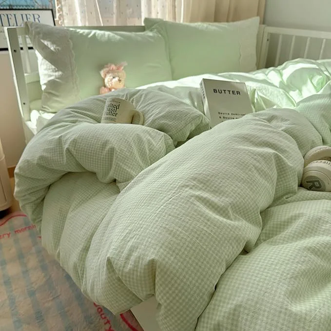 Minimalist Green Gingham Twin XL Comforter Set Boho Plaid Bedding Set Down Fluffy Lace-Trimmed Lightweight Bedding Comforter Set Soft Microfiber Breathable Cute Comforter with 2 Pillowcases Exclusive