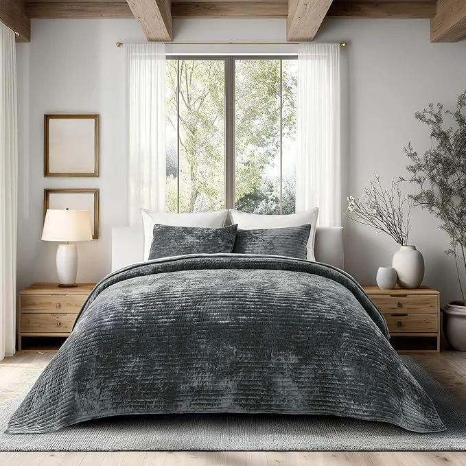 Carefully Designed EVERGRACE Velvet Quilt Set California King 118 39 39 x 106 39 39 Luxurious Soft Striped Channel Bedding Set Lightweight Velvet Comforter for All Season Oversized Bedspread Coverlet w 2 Shams Charcoal Gray Recyclable