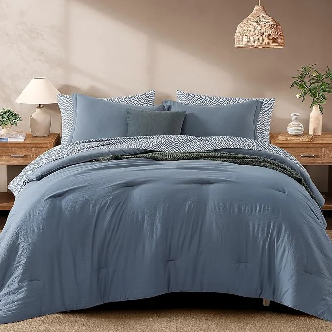 Top-Quality Monbix Full Size Comforter Set – 7 Pieces Oxford Blue Prewashed Bed in a Bag Full Bedding Sets with Comforters All Seasons Ultra Soft Comforter Bed Set with Sheets Pillowcases amp Shams Refined