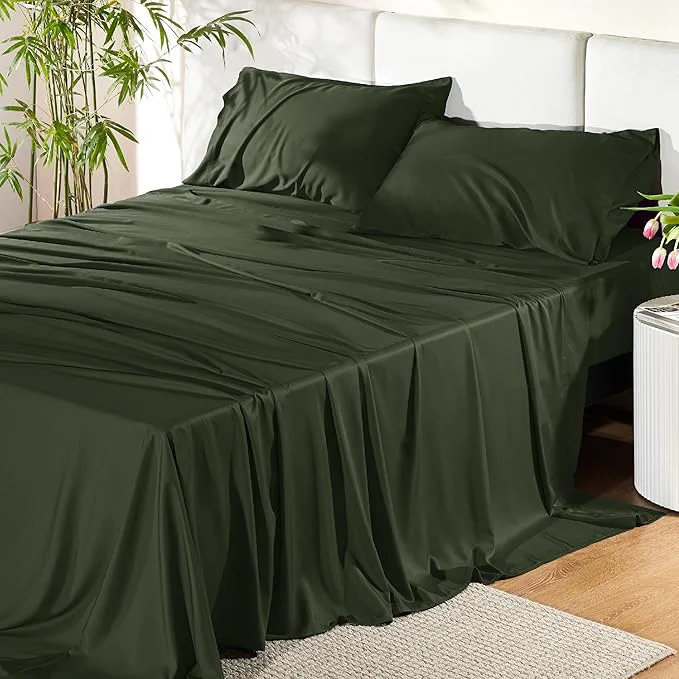 Reliable Bedsure California King Sheet Sets Cooling Sheets Rayon Derived from Bamboo PureWoven Breathable amp Soft Deep Pocket Up to 16 Inches Hotel Luxury Silky Bedding for Hot Sleepers Olive Green Responsible