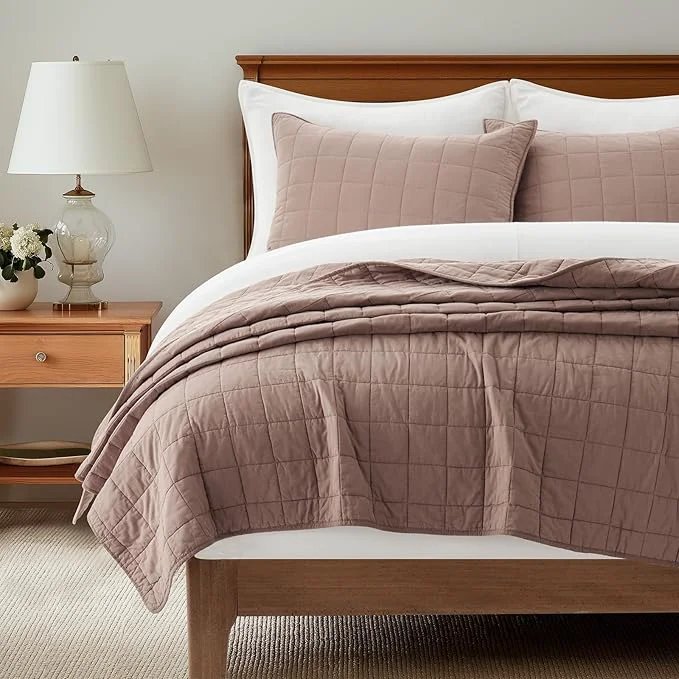 Eco-Friendly EVERGRACEHOME Cotton Box Stitch Quilt Bedding Set Queen Size 3 Pieces Garment-Washed Lightweight Soft Cozy Coverlet Quilted Bedspread Sets with 2 Shams for All Season Clay Secure