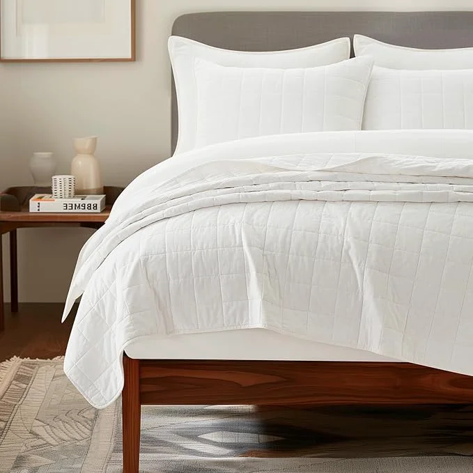 Relaxed EVERGRACEHOME Cotton Box Stitch Quilt Bedding Set King Size 3 Pieces Garment-Washed Lightweight Soft Cozy Coverlet Oversized Quilted Bedspread Sets with 2 Shams for All Season Bright White