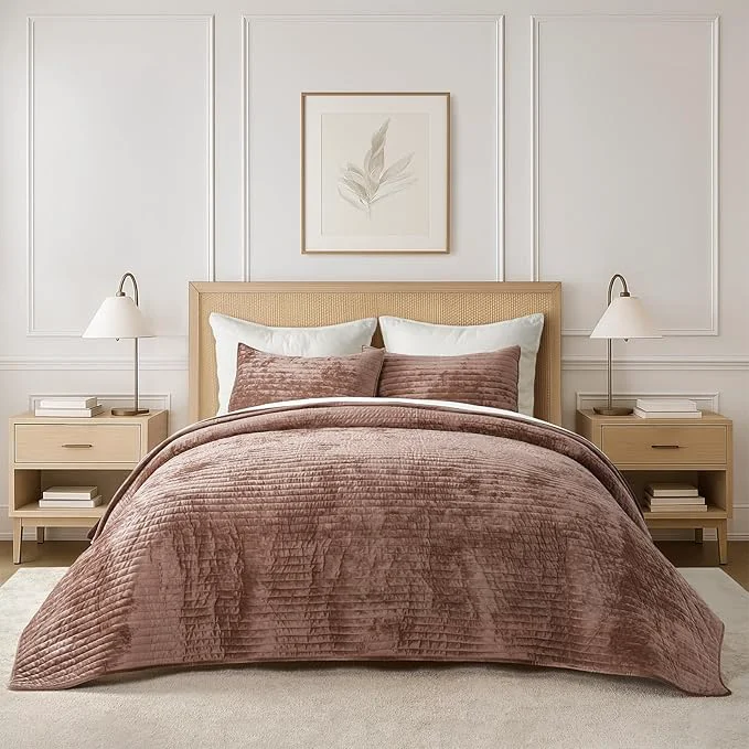 Breathable EVERGRACE Velvet Quilt Set King Size Luxurious Soft Striped Channel Bedding Set Lightweight Velvet Comforter for All Season Oversized Bedspread Coverlet with 2 Matching Shams Terracotta Clay Artisan