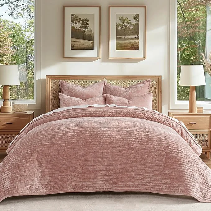Contemporary EVERGRACE Velvet Quilt Set King Size Luxurious Soft Striped Channel Bedding Set Lightweight Velvet Comforter for All Season Oversized Bedspread Coverlet with 2 Matching Shams Pink Clay Exclusive