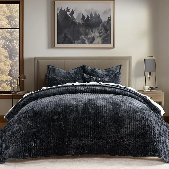 Convenient EVERGRACE Velvet Quilt Set Queen Size Luxurious Soft Striped Channel Bedding Set Lightweight Velvet Comforter for All Season Oversized Bedspread Coverlet with 2 Matching Shams Black Easy-to-Use