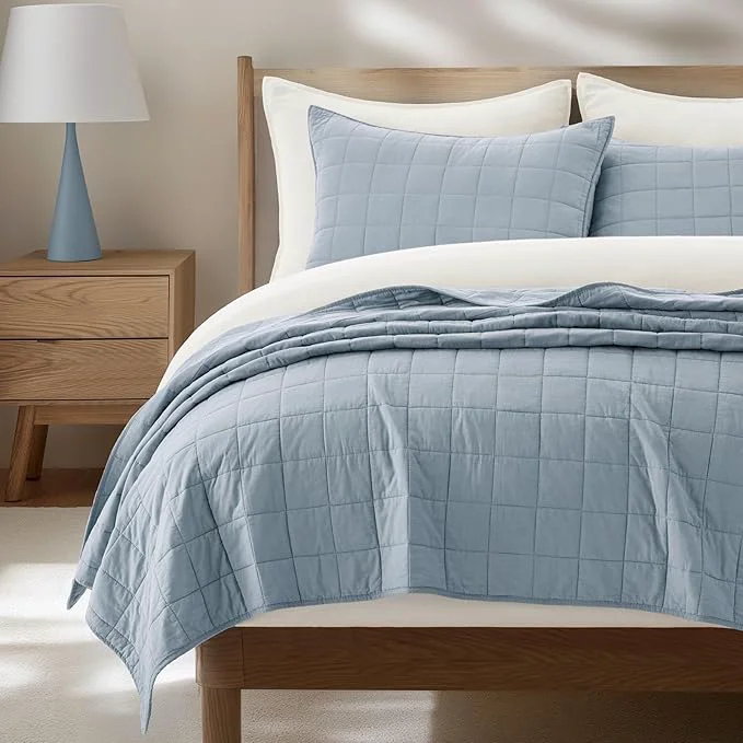 High-Grade EVERGRACEHOME Cotton Box Stitch Quilt Bedding Set King Size 3 Pieces Garment-Washed Lightweight Soft Cozy Coverlet Oversized Quilted Bedspread Sets with 2 Shams for All Season Blue Linen Comfortable