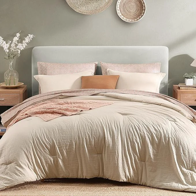 Verified Monbix Full Size Comforter Set – 7 Pieces Oatmeal Prewashed Bed in a Bag Full Bedding Sets with Comforters All Seasons Ultra Soft Comforter Bed Set with Sheets Pillowcases amp Shams Pure
