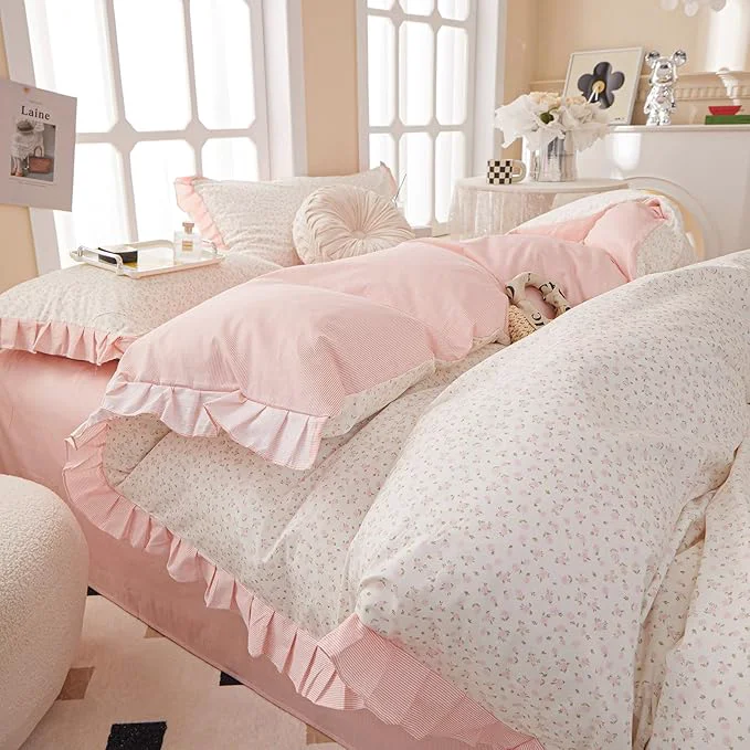 Luxury Pink Floral King Comforter Set Ruffle Boho Bedding Set Fluffy Lightweight All Season Down Bedding Comforter Set Soft Microfiber Cute Striped Comforter with 2 Pillowcases Outstanding