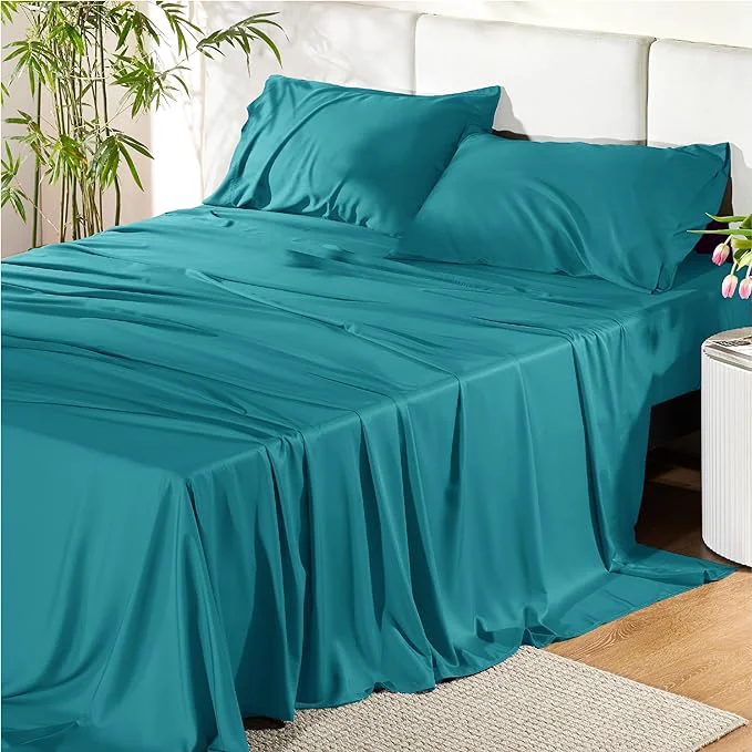 Efficient Bedsure Queen Sheet Set Rayon Derived from Bamboo Cooling Sheets PureWoven Breathable amp Soft Deep Pocket Up to 16 Inches Hotel Luxury Silky Bedding for Hot Sleepers Turquoise Modern